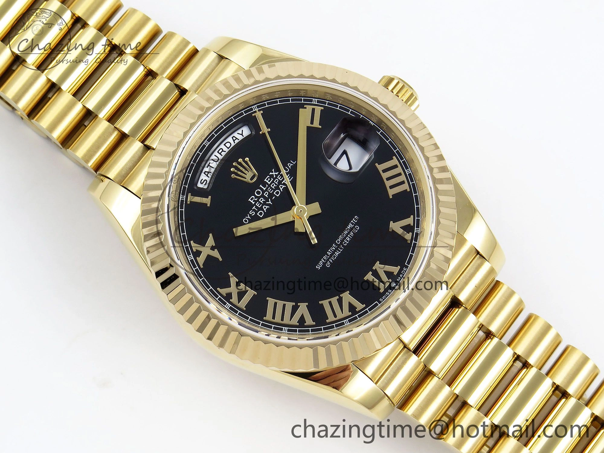 Day Date 40 YG JDF Gain Weight 904L Steel Black Roman Dial on President Bracelet VR3255 V3