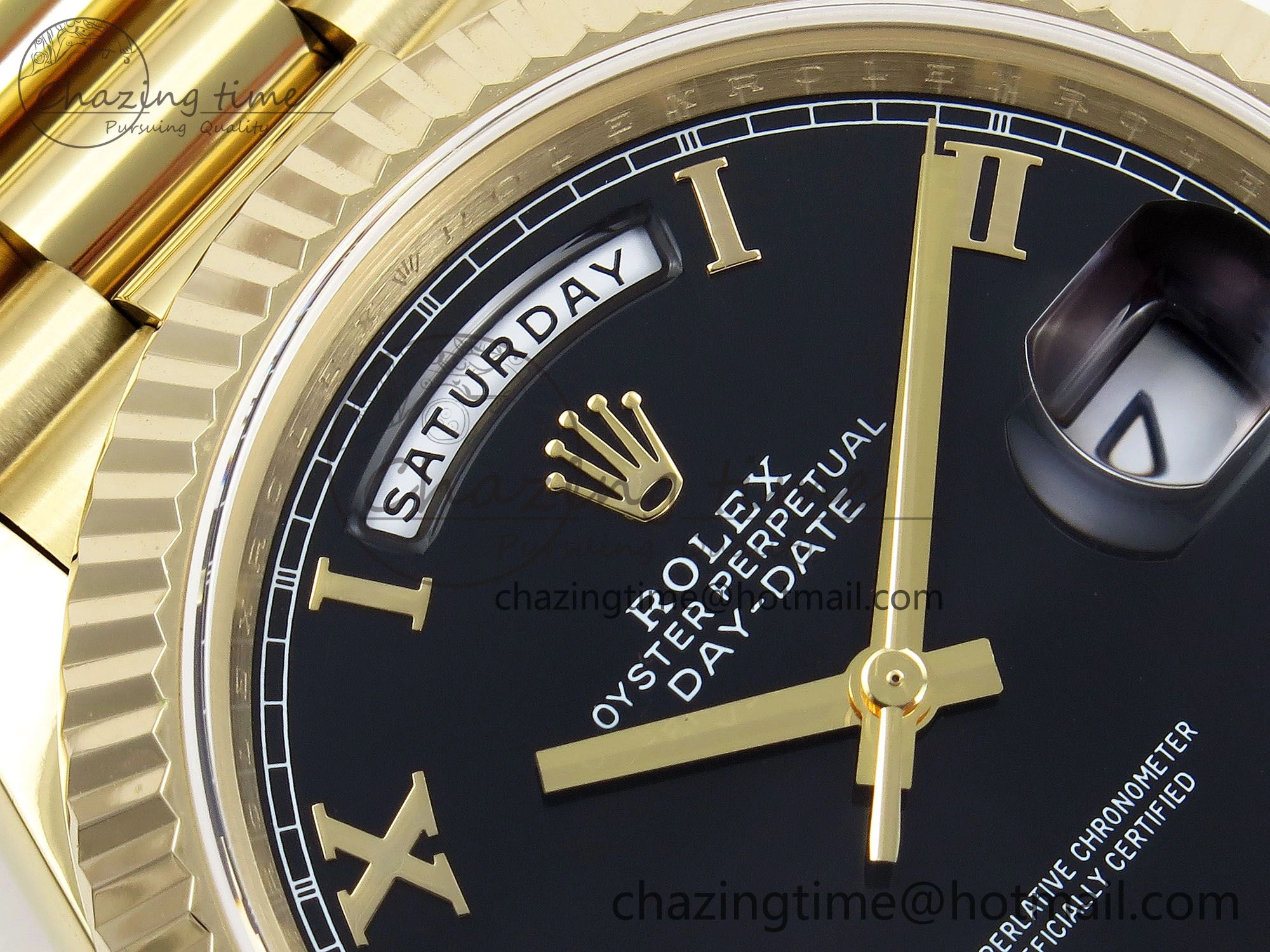 Day Date 40 YG JDF Gain Weight 904L Steel Black Roman Dial on President Bracelet VR3255 V3