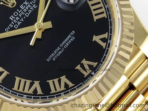 Day Date 40 YG JDF Gain Weight 904L Steel Black Roman Dial on President Bracelet VR3255 V3