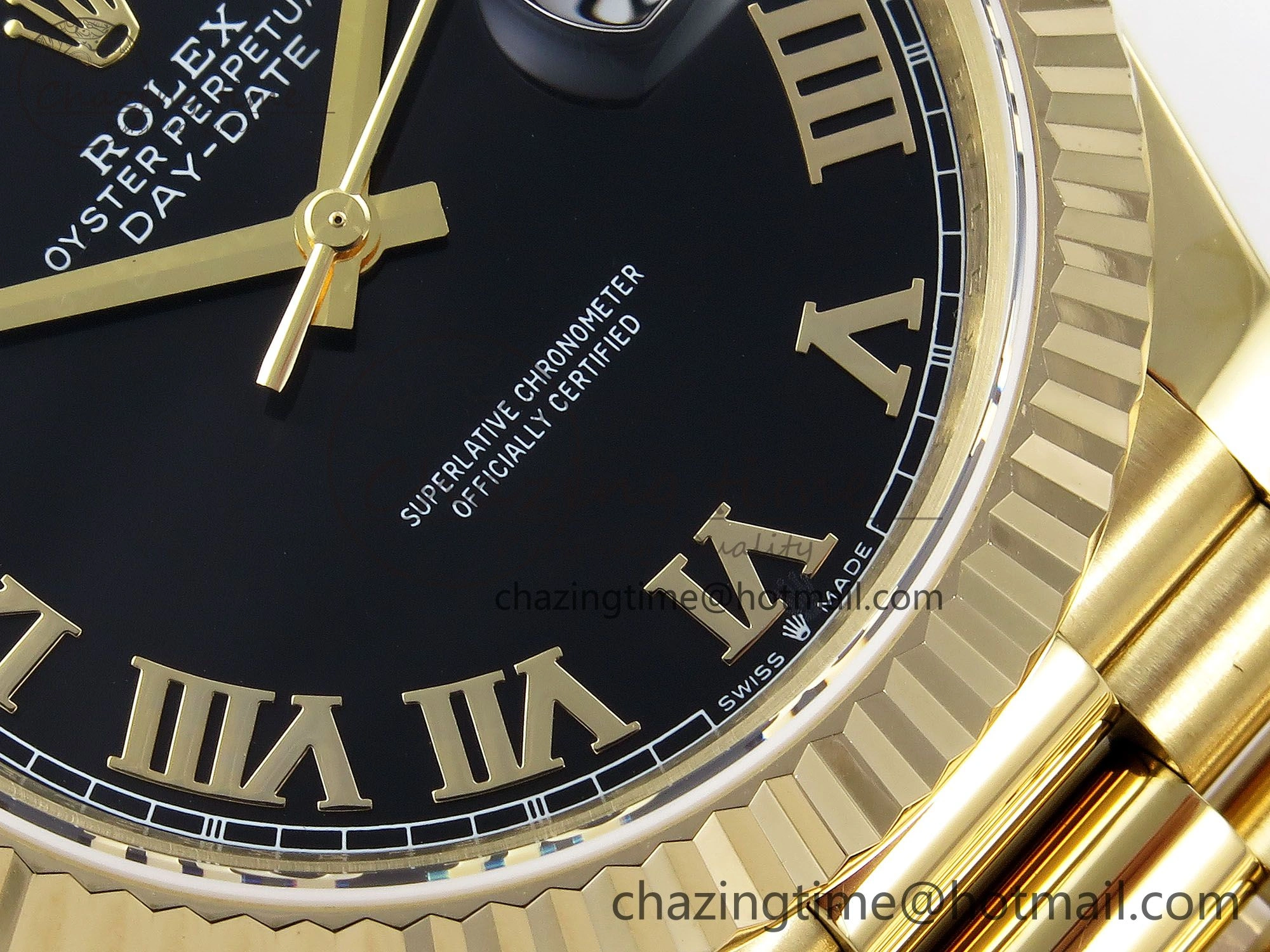 Day Date 40 YG JDF Gain Weight 904L Steel Black Roman Dial on President Bracelet VR3255 V3