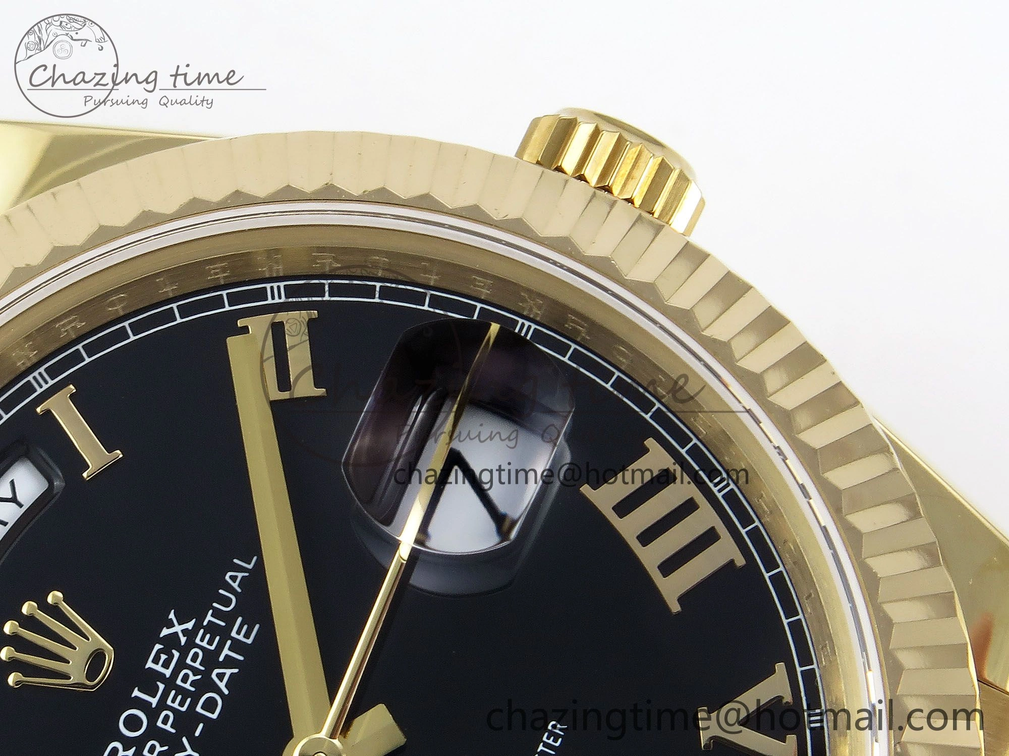 Day Date 40 YG JDF Gain Weight 904L Steel Black Roman Dial on President Bracelet VR3255 V3
