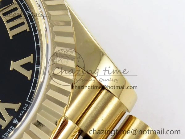 Day Date 40 YG JDF Gain Weight 904L Steel Black Roman Dial on President Bracelet VR3255 V3