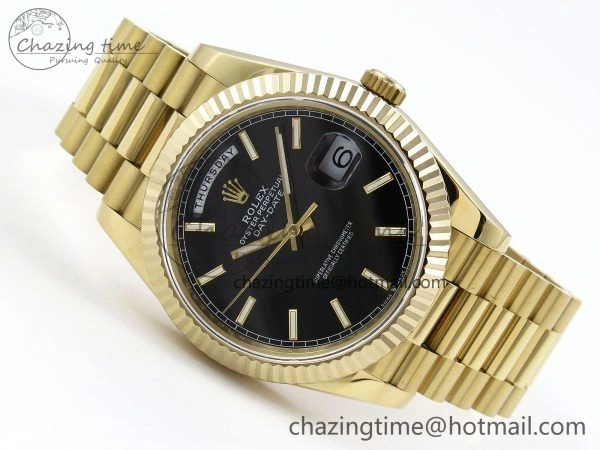 Day Date 40 YG JDF Gain Weight 904L Steel Black Stick Dial on President Bracelet VR3255 V3