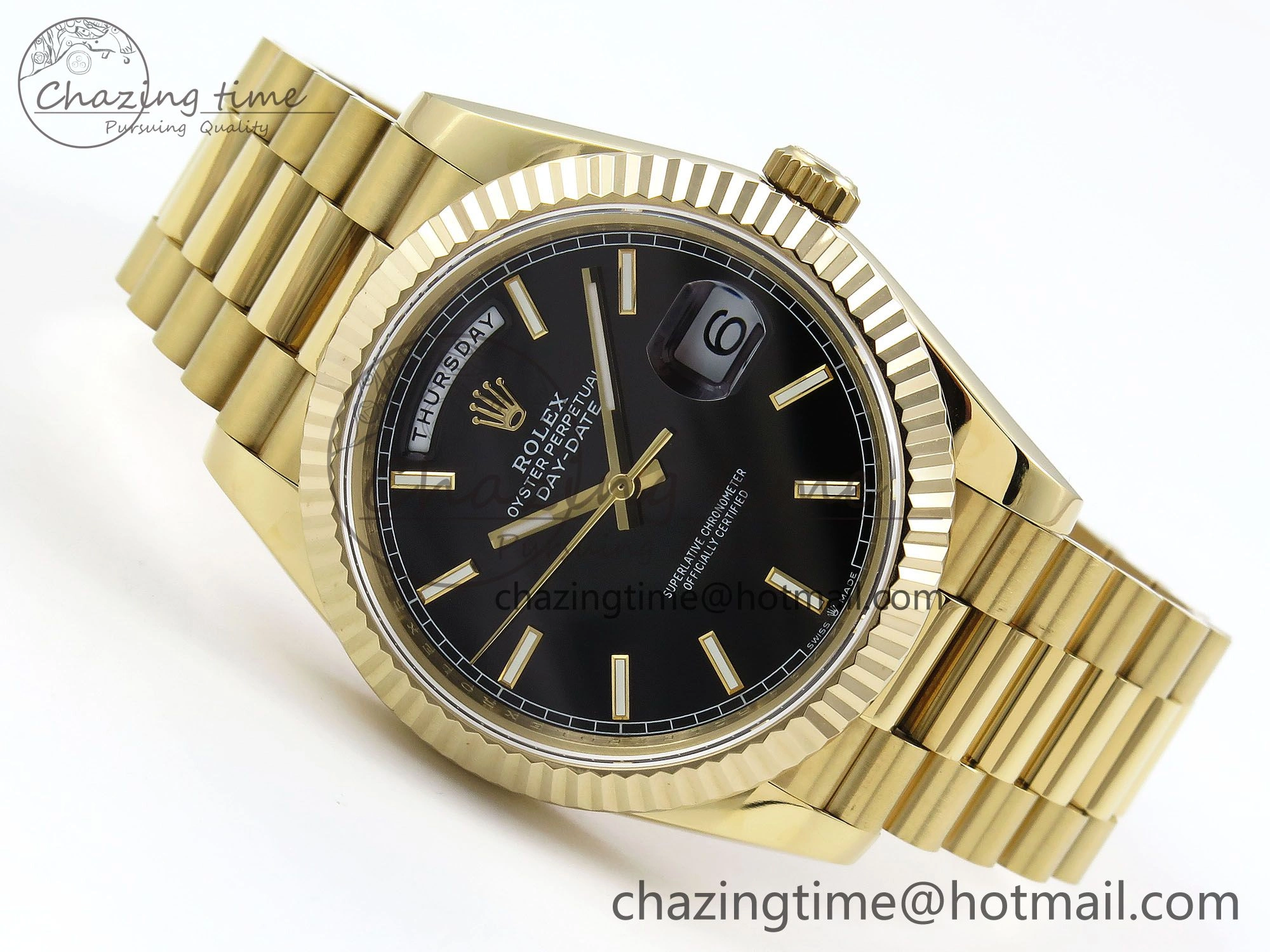 Day Date 40 YG JDF Gain Weight 904L Steel Black Stick Dial on President Bracelet VR3255 V3