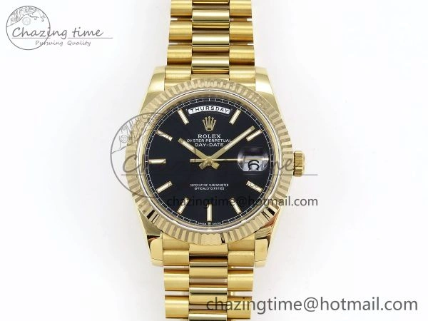 Day Date 40 YG JDF Gain Weight 904L Steel Black Stick Dial on President Bracelet VR3255 V3