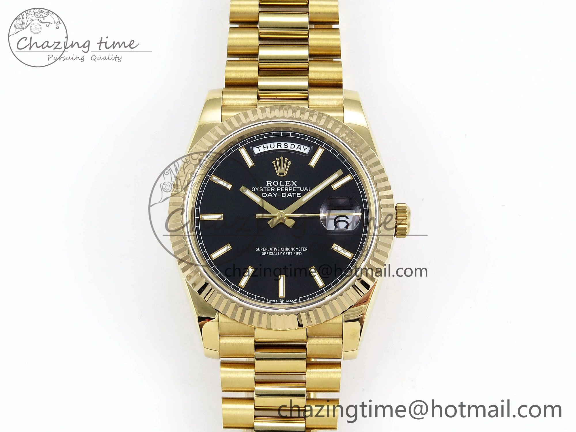 Day Date 40 YG JDF Gain Weight 904L Steel Black Stick Dial on President Bracelet VR3255 V3