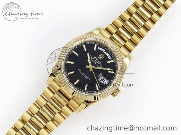 Day Date 40 YG JDF Gain Weight 904L Steel Black Stick Dial on President Bracelet VR3255 V3