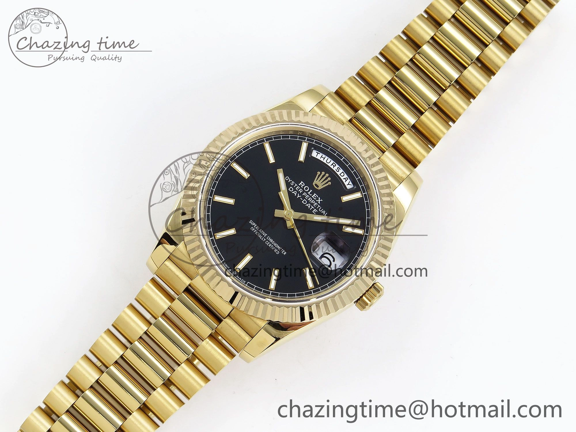 Day Date 40 YG JDF Gain Weight 904L Steel Black Stick Dial on President Bracelet VR3255 V3