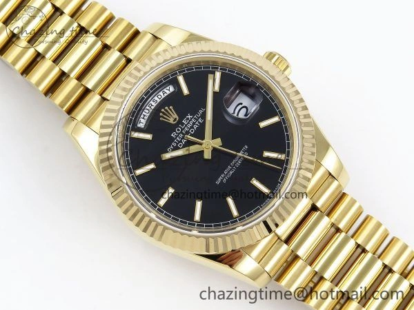 Day Date 40 YG JDF Gain Weight 904L Steel Black Stick Dial on President Bracelet VR3255 V3