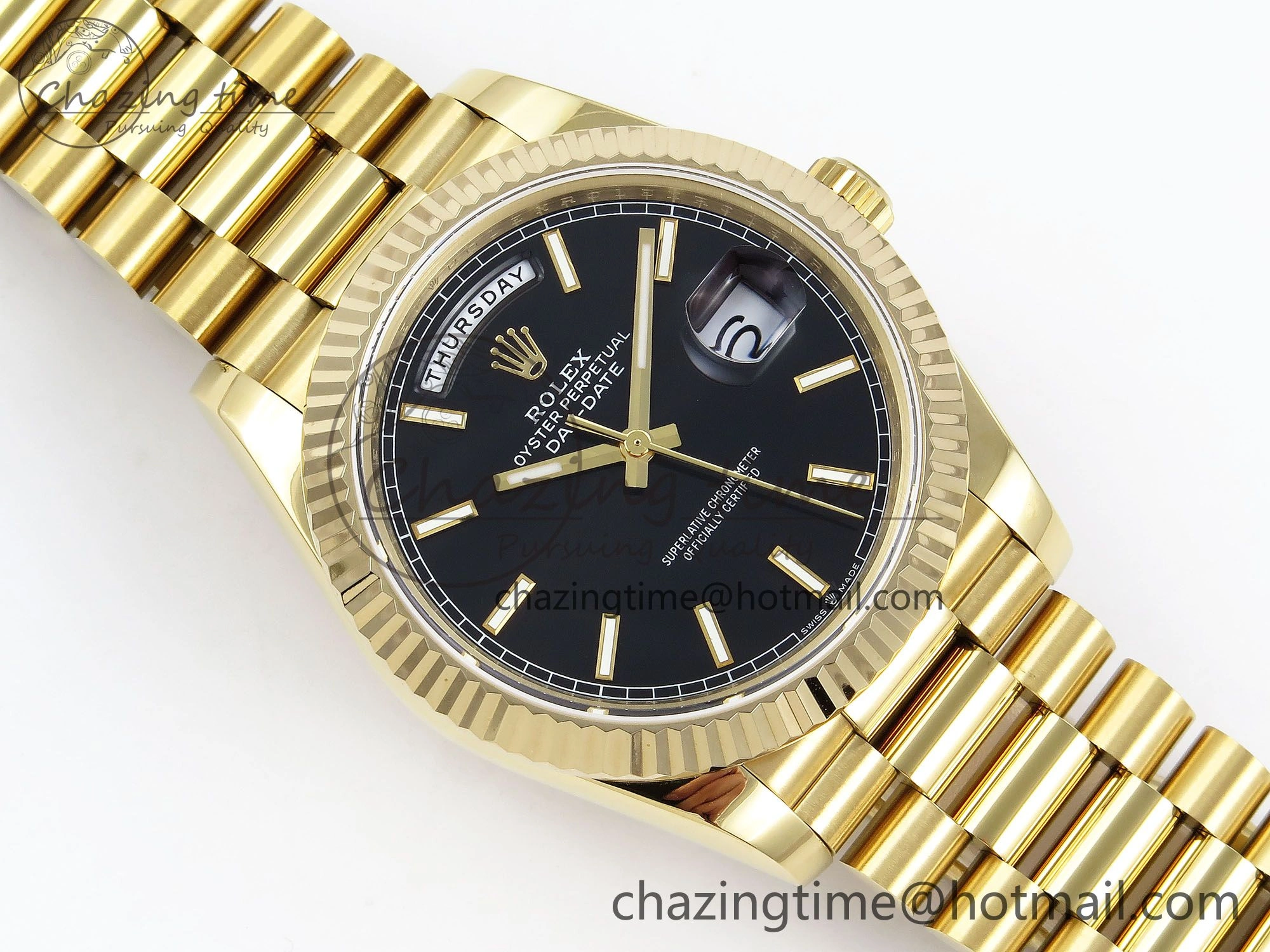 Day Date 40 YG JDF Gain Weight 904L Steel Black Stick Dial on President Bracelet VR3255 V3