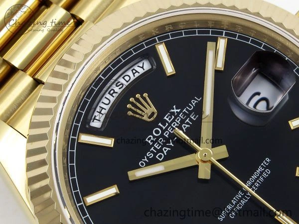 Day Date 40 YG JDF Gain Weight 904L Steel Black Stick Dial on President Bracelet VR3255 V3