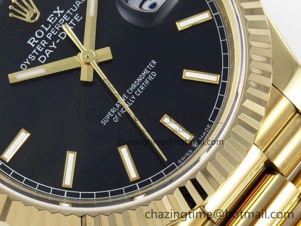 Day Date 40 YG JDF Gain Weight 904L Steel Black Stick Dial on President Bracelet VR3255 V3