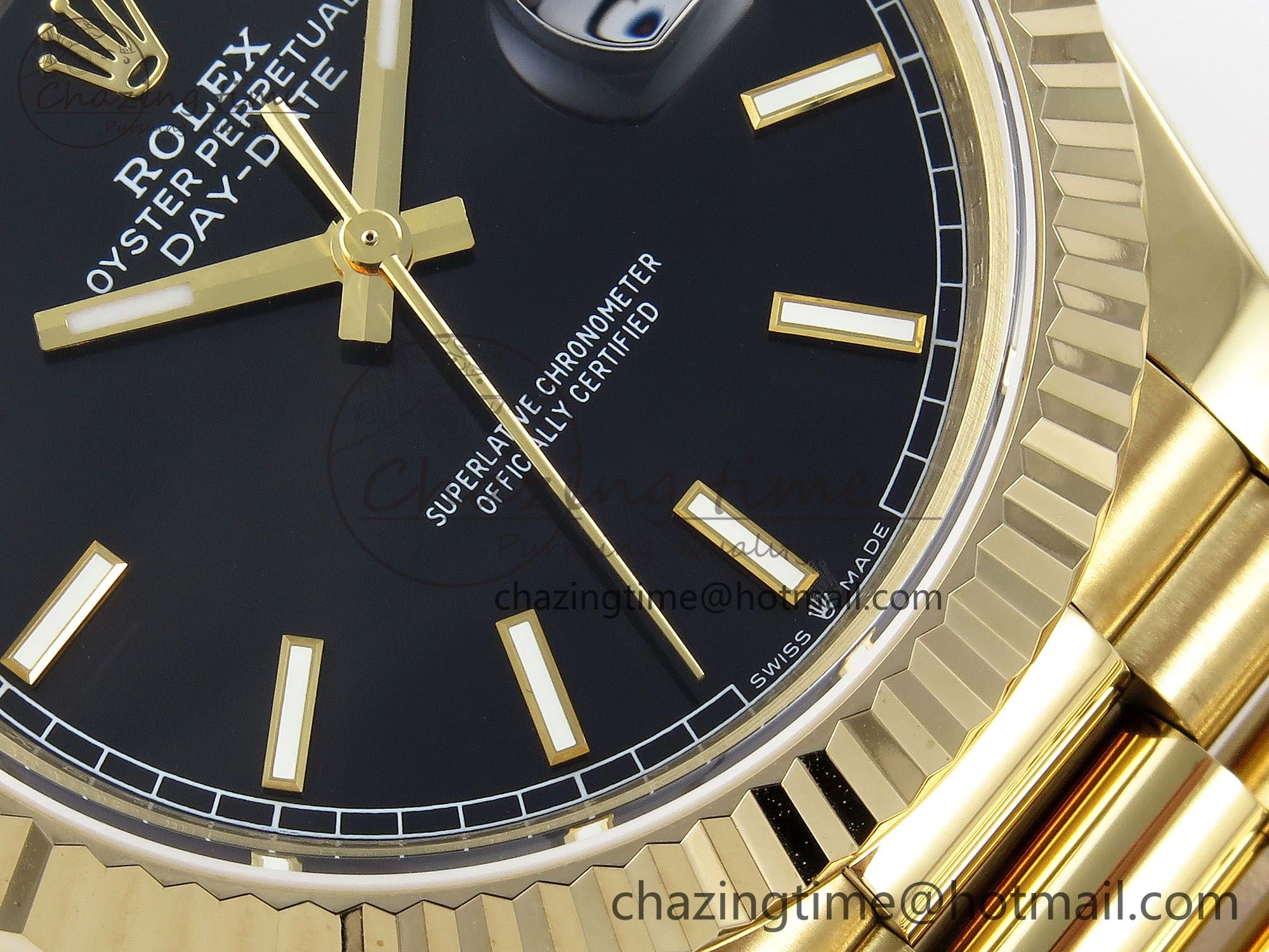 Day Date 40 YG JDF Gain Weight 904L Steel Black Stick Dial on President Bracelet VR3255 V3