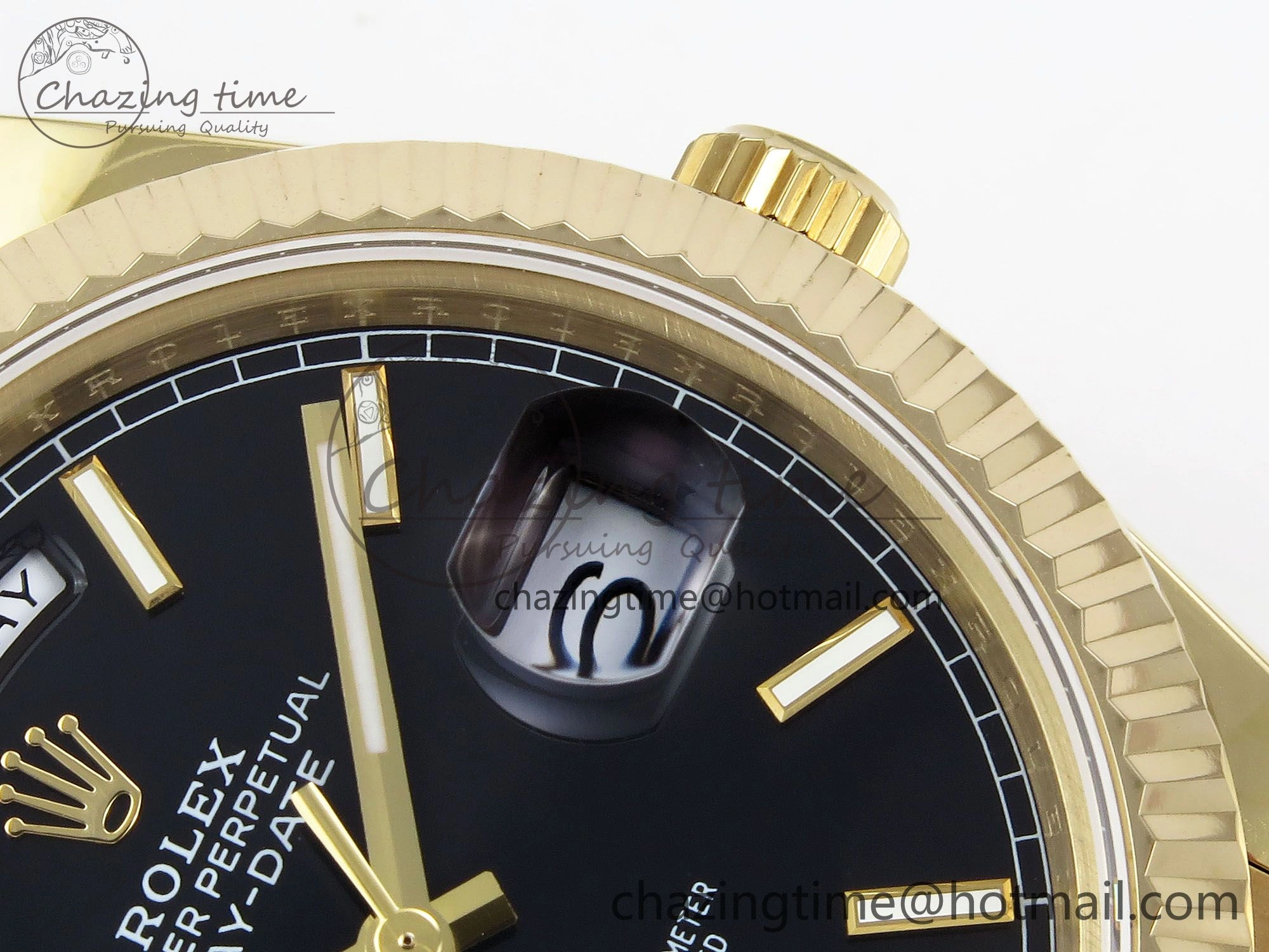 Day Date 40 YG JDF Gain Weight 904L Steel Black Stick Dial on President Bracelet VR3255 V3