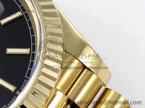 Day Date 40 YG JDF Gain Weight 904L Steel Black Stick Dial on President Bracelet VR3255 V3