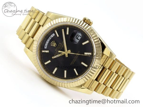 Day Date 40 YG JDF Gain Weight 904L Steel Black Textured Stick Dial on President Bracelet VR3255 V3
