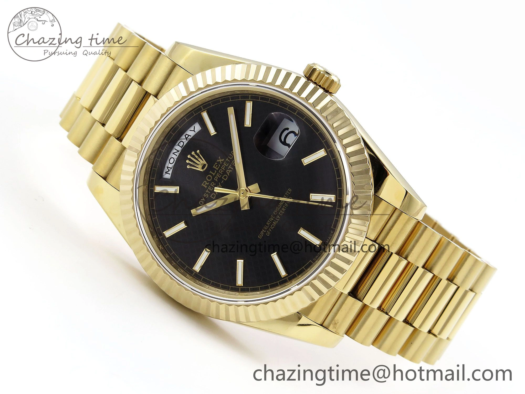 Day Date 40 YG JDF Gain Weight 904L Steel Black Textured Stick Dial on President Bracelet VR3255 V3