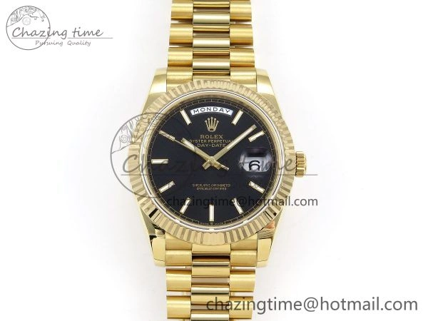 Day Date 40 YG JDF Gain Weight 904L Steel Black Textured Stick Dial on President Bracelet VR3255 V3