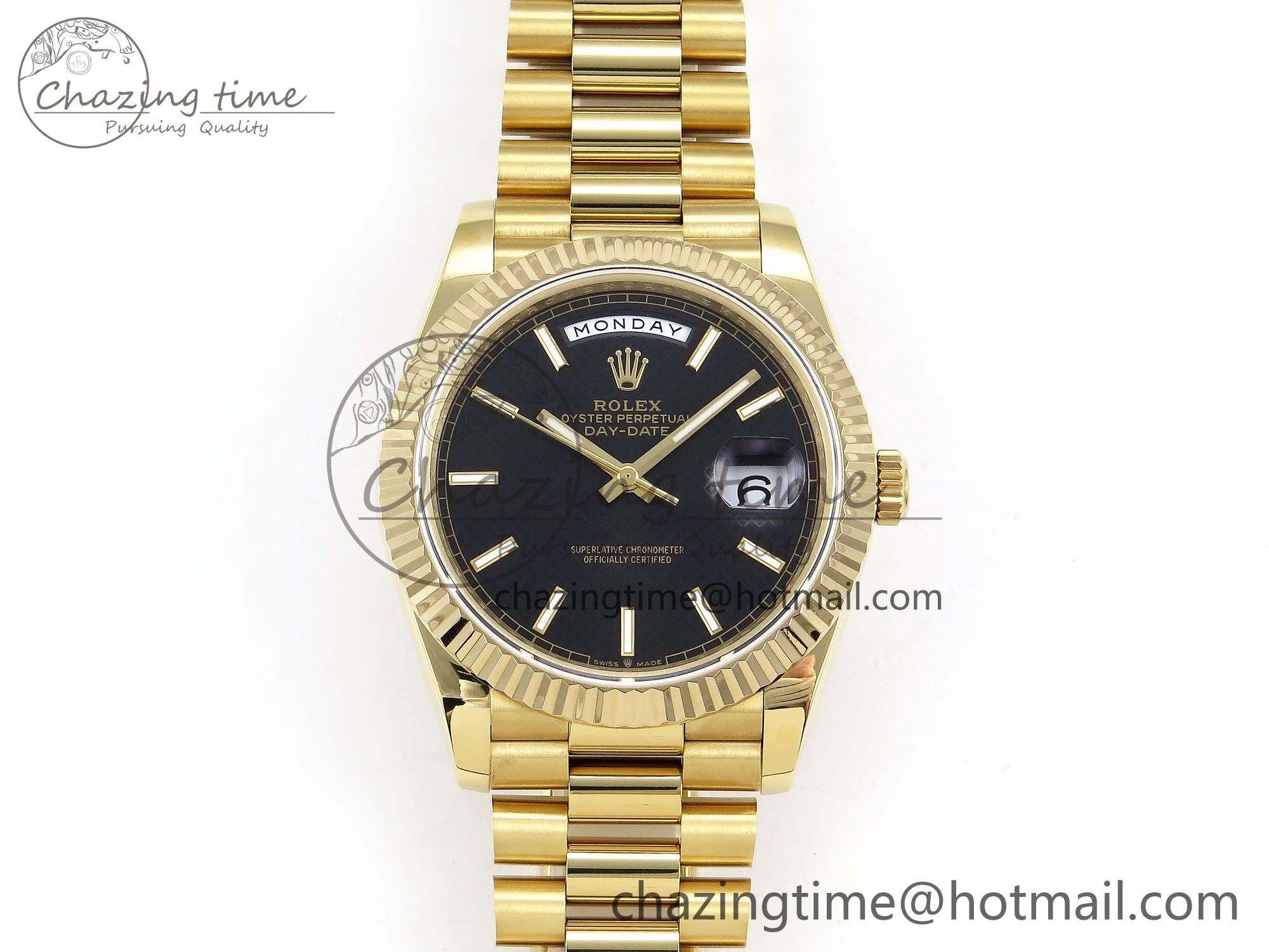 Day Date 40 YG JDF Gain Weight 904L Steel Black Textured Stick Dial on President Bracelet VR3255 V3