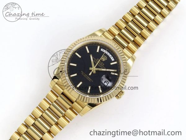 Day Date 40 YG JDF Gain Weight 904L Steel Black Textured Stick Dial on President Bracelet VR3255 V3
