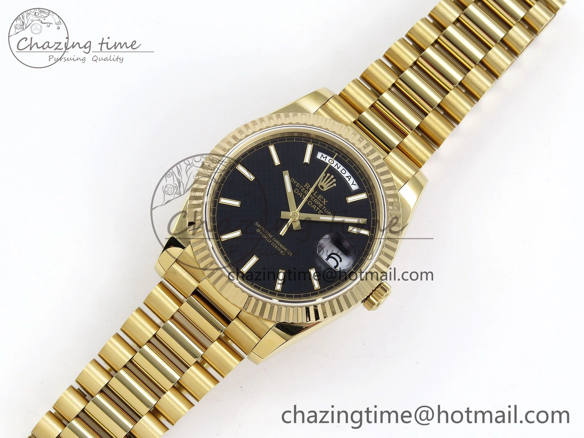 Day Date 40 YG JDF Gain Weight 904L Steel Black Textured Stick Dial on President Bracelet VR3255 V3