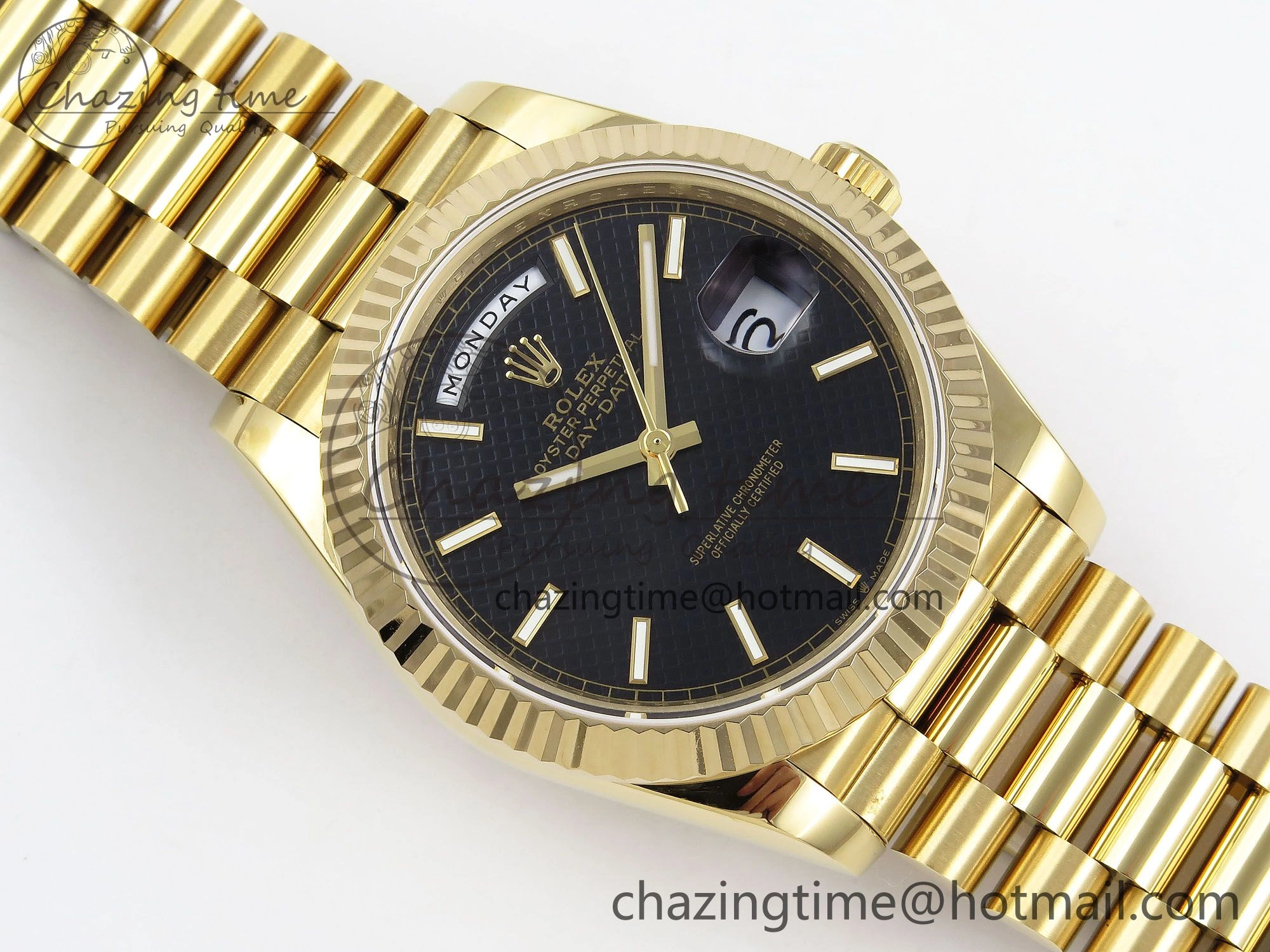 Day Date 40 YG JDF Gain Weight 904L Steel Black Textured Stick Dial on President Bracelet VR3255 V3