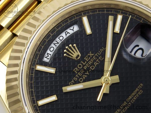 Day Date 40 YG JDF Gain Weight 904L Steel Black Textured Stick Dial on President Bracelet VR3255 V3