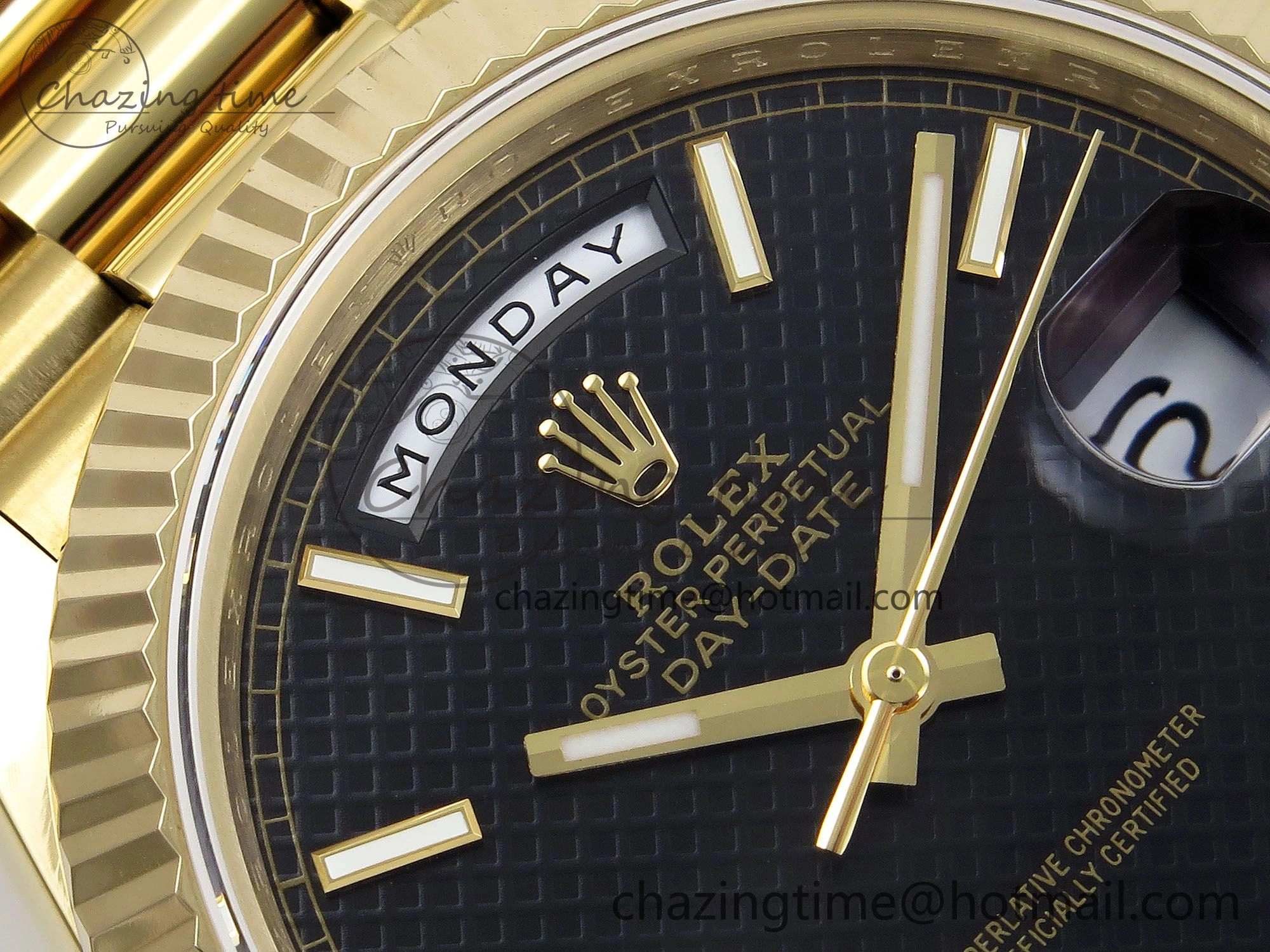 Day Date 40 YG JDF Gain Weight 904L Steel Black Textured Stick Dial on President Bracelet VR3255 V3
