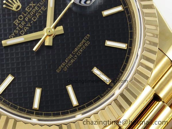 Day Date 40 YG JDF Gain Weight 904L Steel Black Textured Stick Dial on President Bracelet VR3255 V3