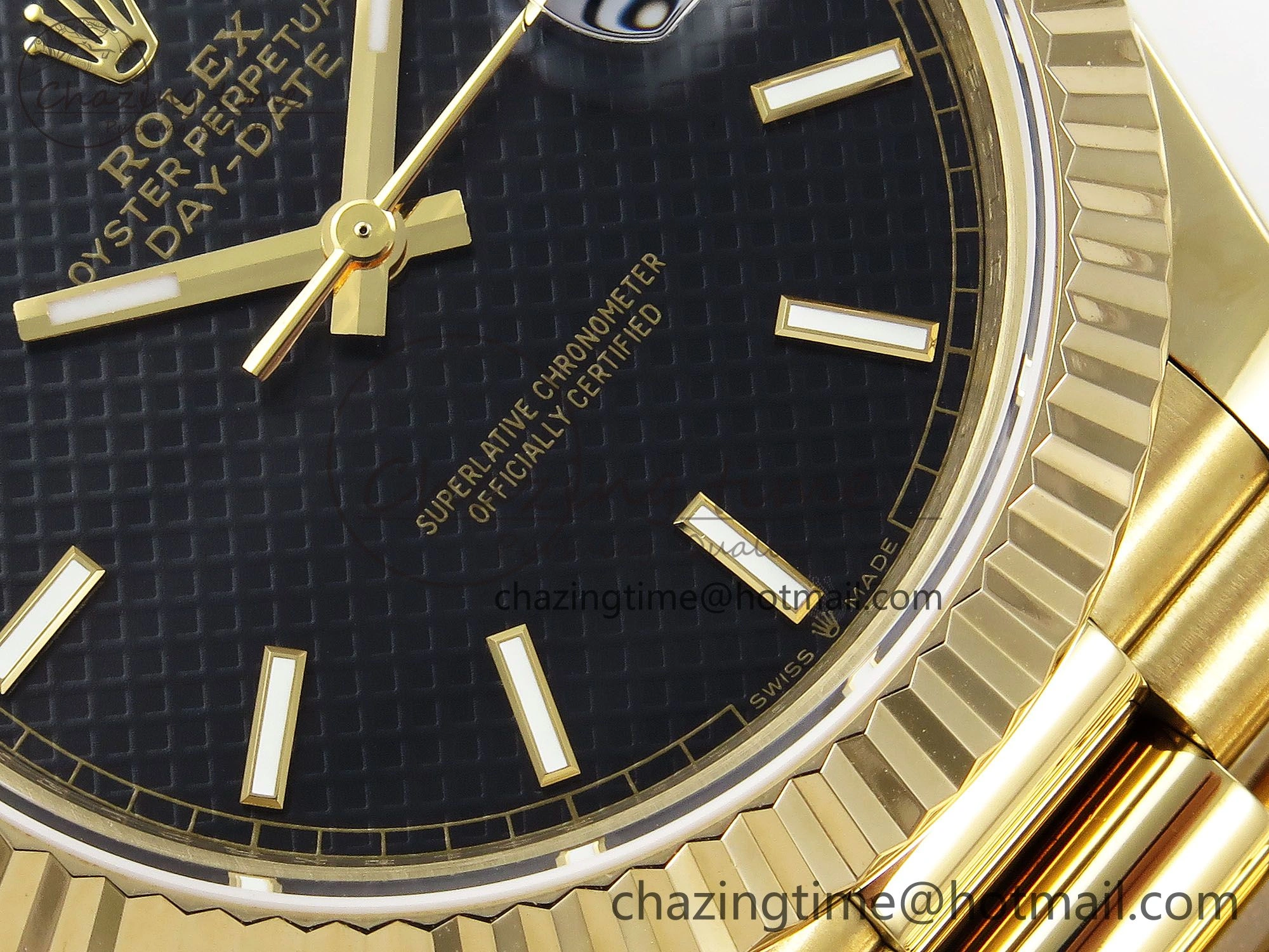 Day Date 40 YG JDF Gain Weight 904L Steel Black Textured Stick Dial on President Bracelet VR3255 V3