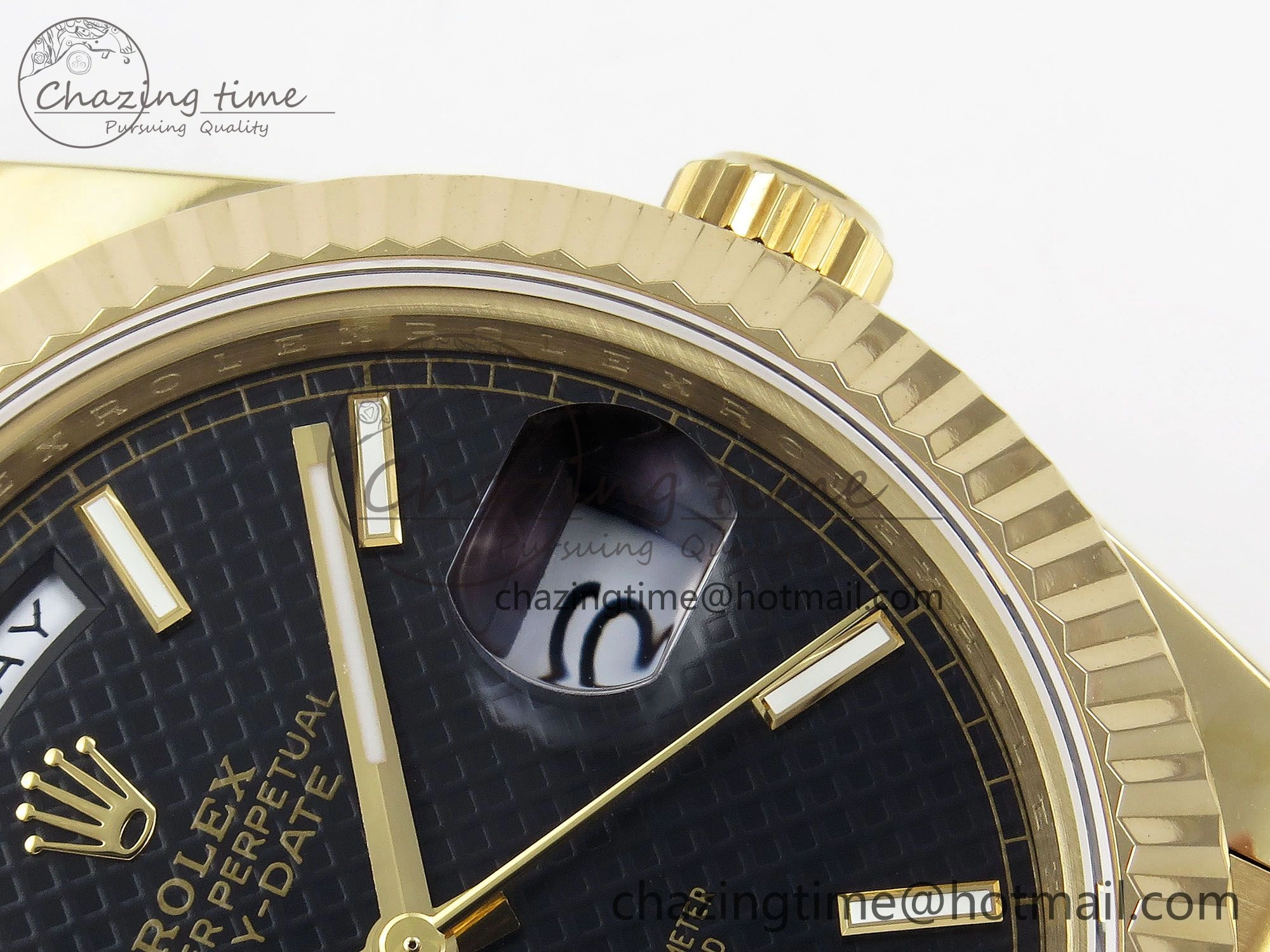Day Date 40 YG JDF Gain Weight 904L Steel Black Textured Stick Dial on President Bracelet VR3255 V3