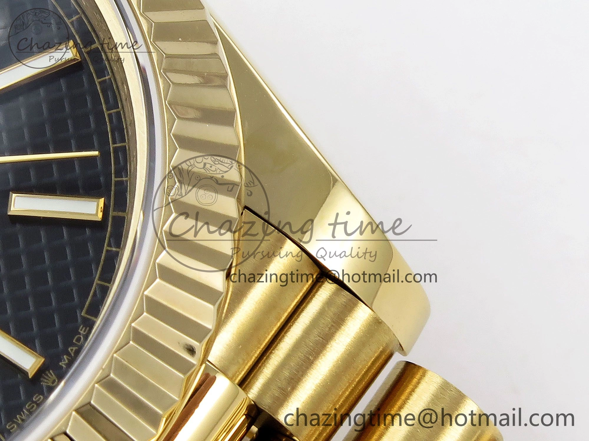 Day Date 40 YG JDF Gain Weight 904L Steel Black Textured Stick Dial on President Bracelet VR3255 V3