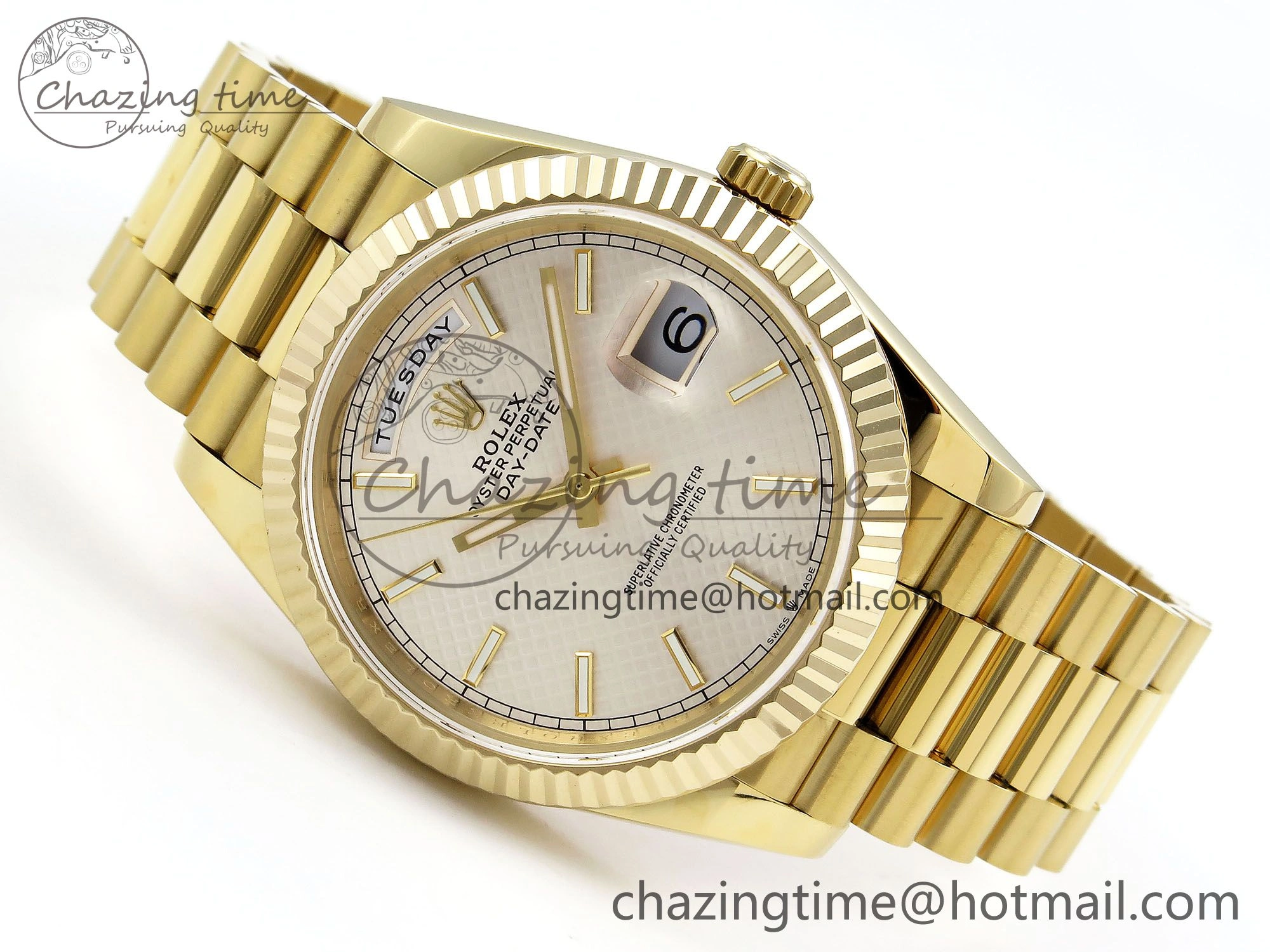Day Date 40 YG JDF Gain Weight 904L Steel Silver Textured Stick Dial on President Bracelet VR3255 V3