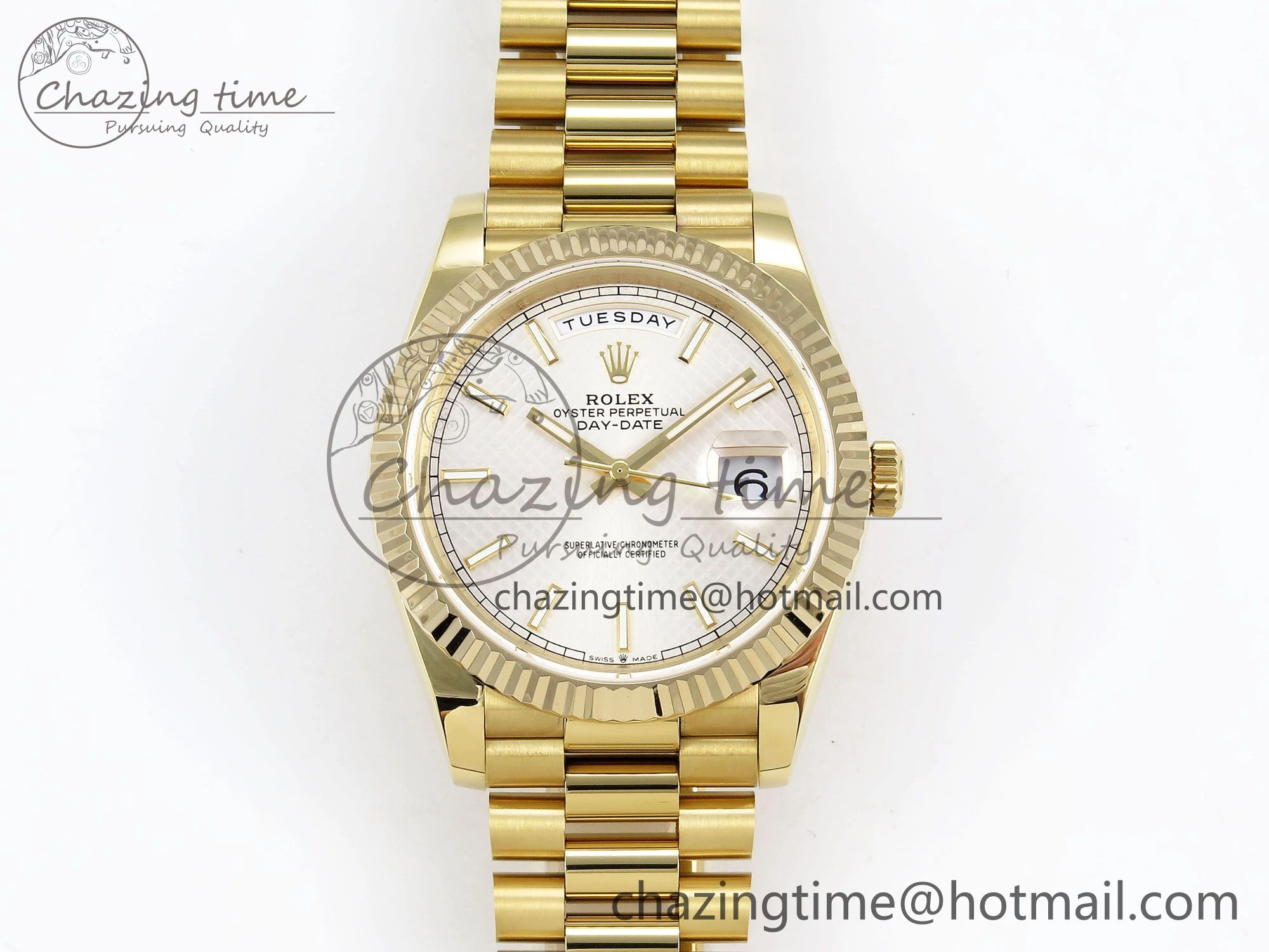 Day Date 40 YG JDF Gain Weight 904L Steel Silver Textured Stick Dial on President Bracelet VR3255 V3