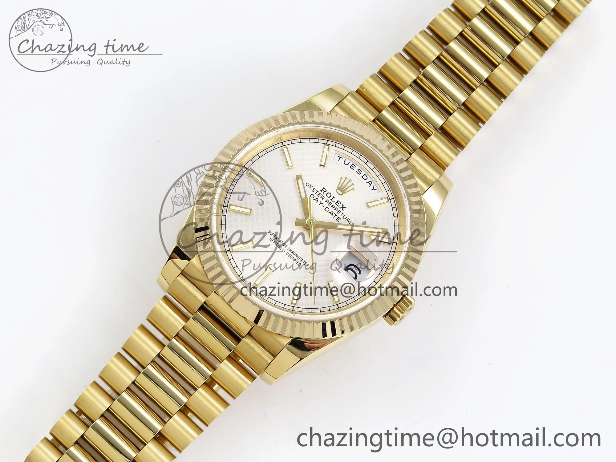 Day Date 40 YG JDF Gain Weight 904L Steel Silver Textured Stick Dial on President Bracelet VR3255 V3