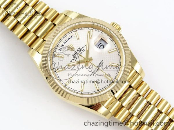 Day Date 40 YG JDF Gain Weight 904L Steel Silver Textured Stick Dial on President Bracelet VR3255 V3