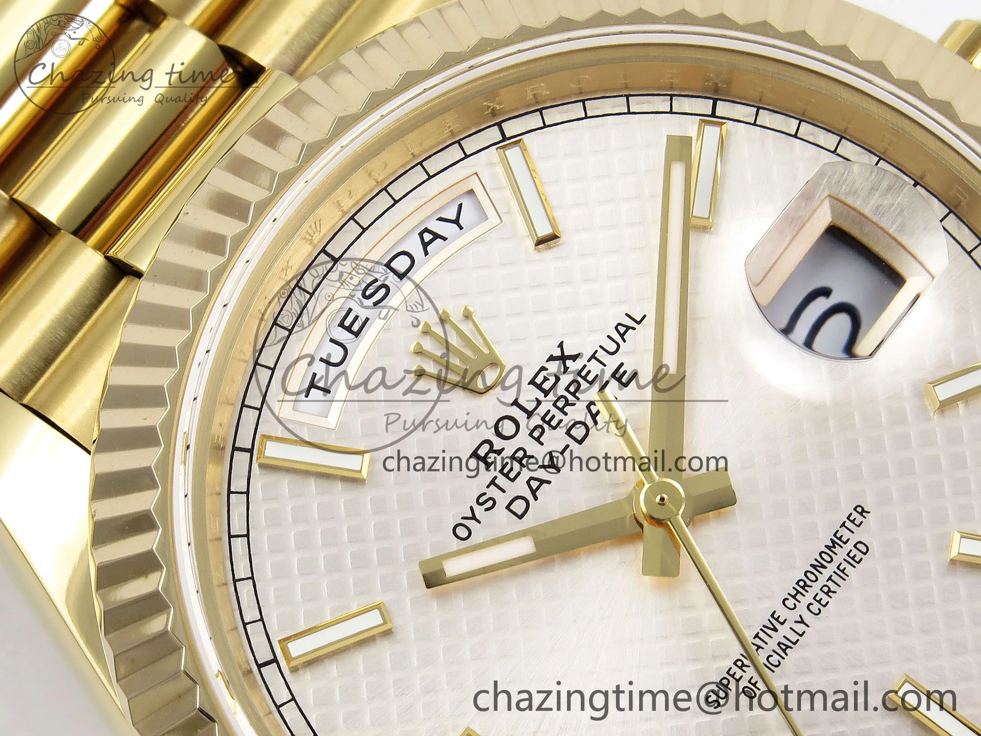 Day Date 40 YG JDF Gain Weight 904L Steel Silver Textured Stick Dial on President Bracelet VR3255 V3