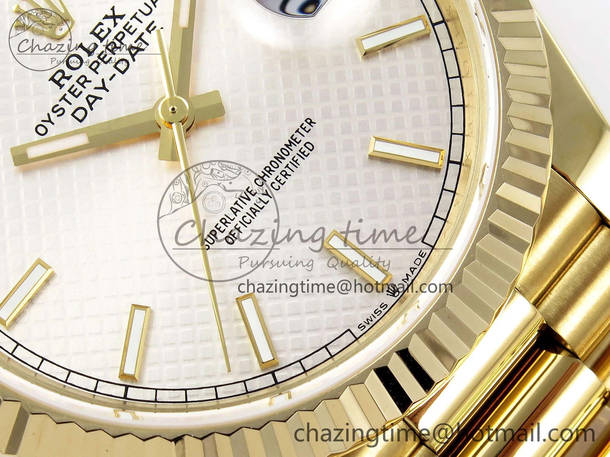 Day Date 40 YG JDF Gain Weight 904L Steel Silver Textured Stick Dial on President Bracelet VR3255 V3
