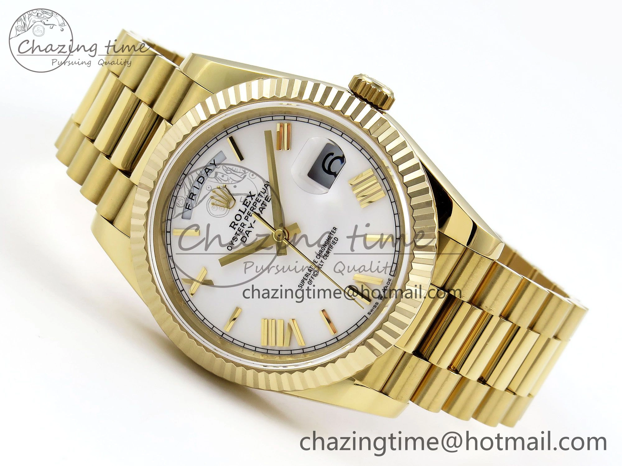 Day Date 40 YG JDF Gain Weight 904L Steel White Big Roman Dial on President Bracelet VR3255 V3