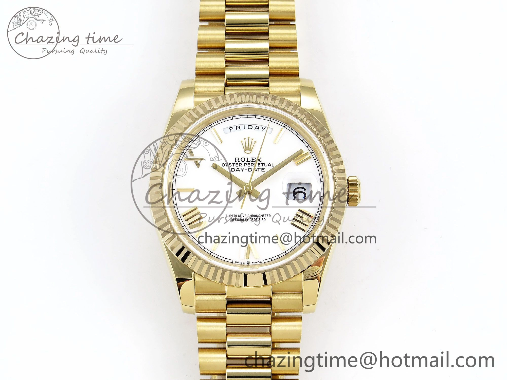Day Date 40 YG JDF Gain Weight 904L Steel White Big Roman Dial on President Bracelet VR3255 V3