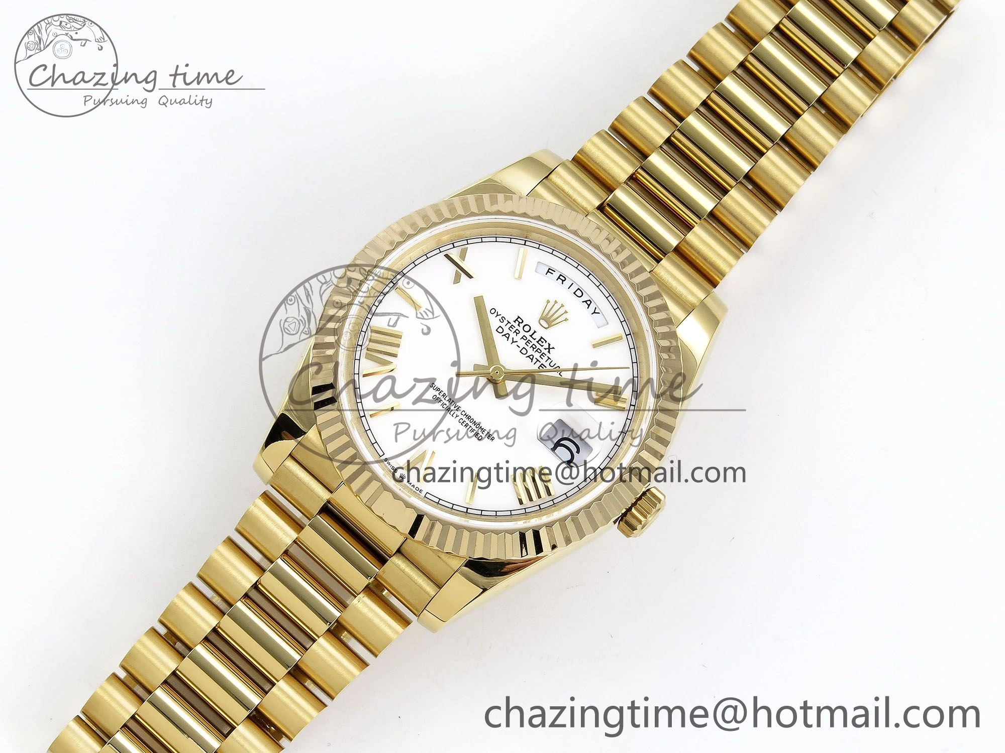 Day Date 40 YG JDF Gain Weight 904L Steel White Big Roman Dial on President Bracelet VR3255 V3