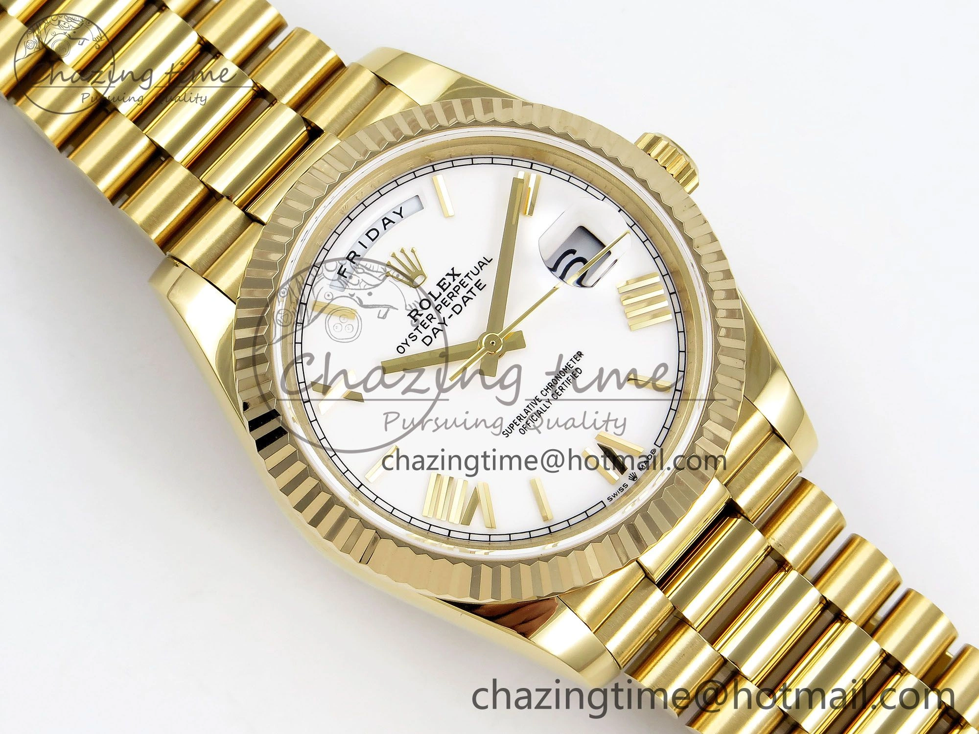 Day Date 40 YG JDF Gain Weight 904L Steel White Big Roman Dial on President Bracelet VR3255 V3