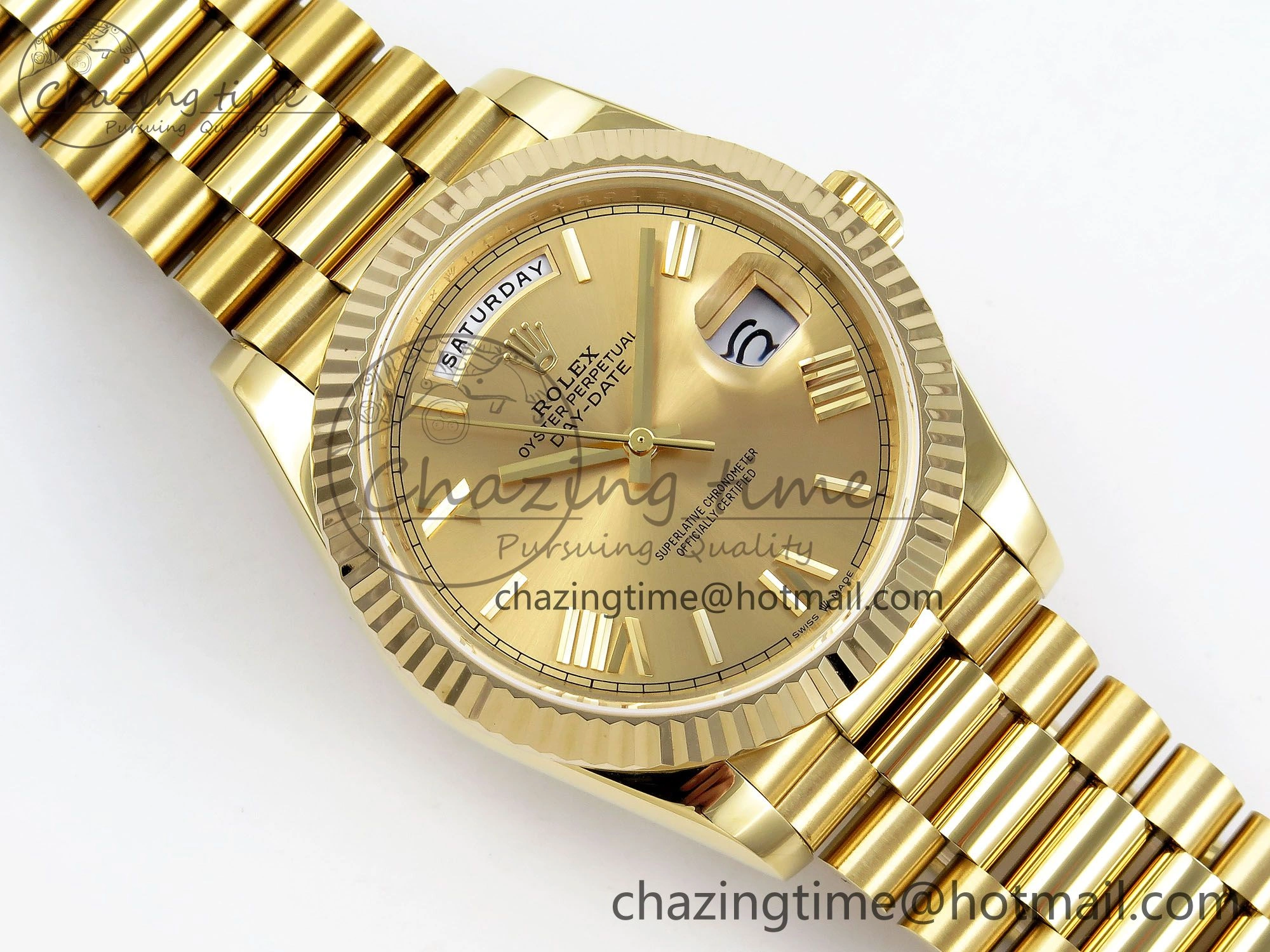 Day Date 40 YG JDF Gain Weight 904L Steel YG Big Roman Dial on President Bracelet VR3255 V3