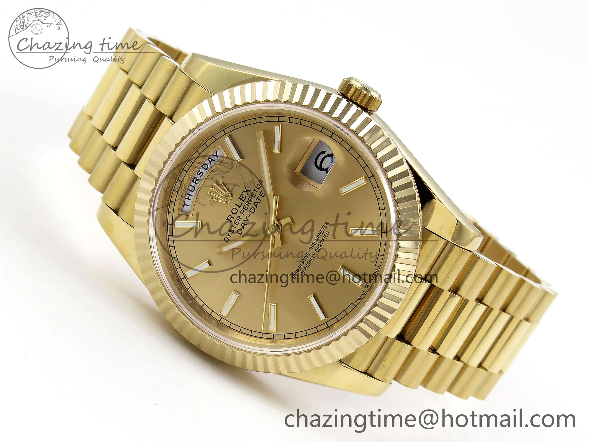 Day Date 40 YG JDF Gain Weight 904L Steel YG Stick Dial on President Bracelet VR3255 V3