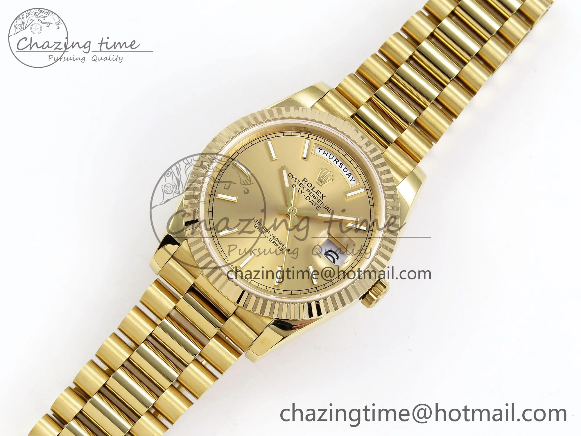 Day Date 40 YG JDF Gain Weight 904L Steel YG Stick Dial on President Bracelet VR3255 V3