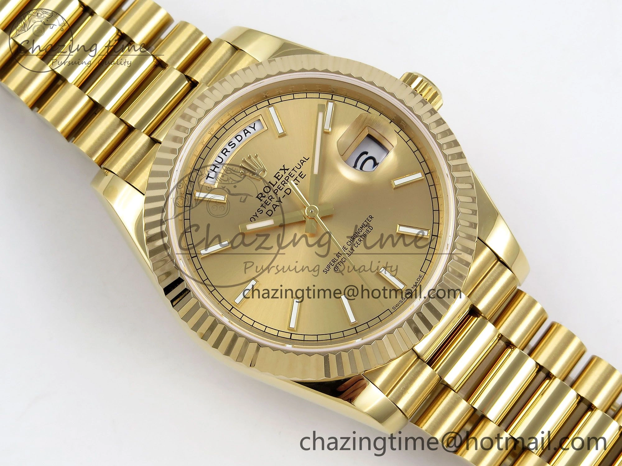 Day Date 40 YG JDF Gain Weight 904L Steel YG Stick Dial on President Bracelet VR3255 V3