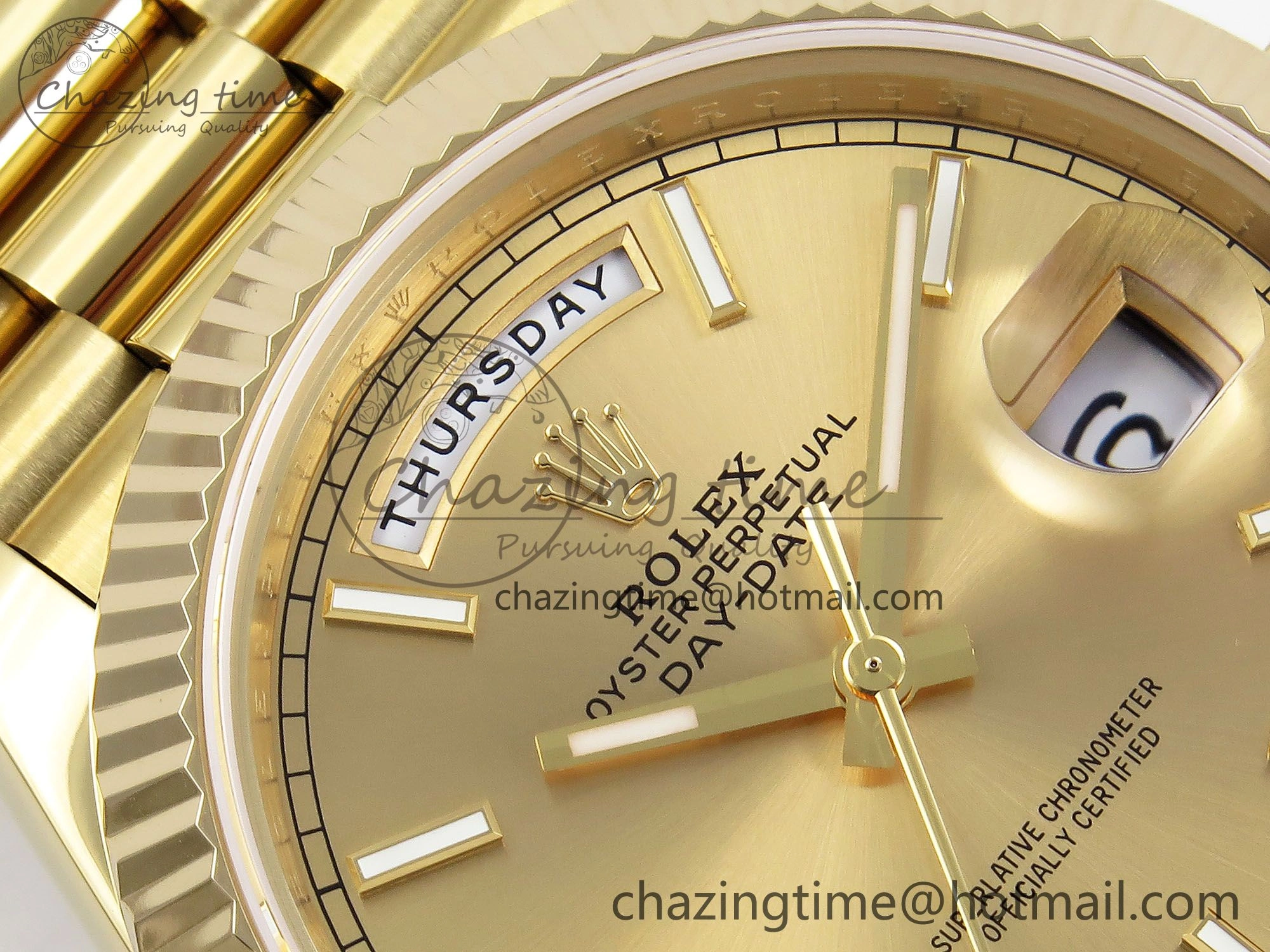 Day Date 40 YG JDF Gain Weight 904L Steel YG Stick Dial on President Bracelet VR3255 V3