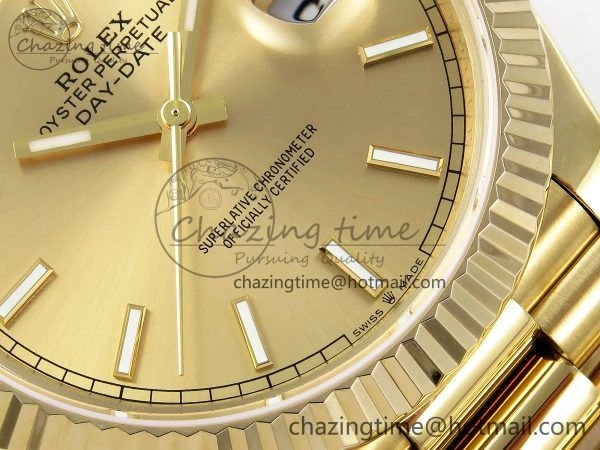 Day Date 40 YG JDF Gain Weight 904L Steel YG Stick Dial on President Bracelet VR3255 V3