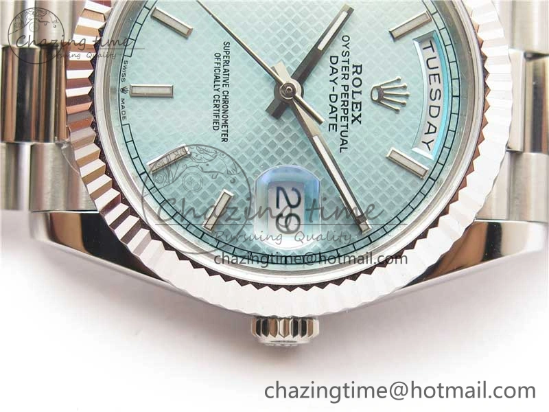Day-Date 40mm 228239 BP New Dial Version 904 SS Ice Blue Textured Dial on SS President Bracelet A2836