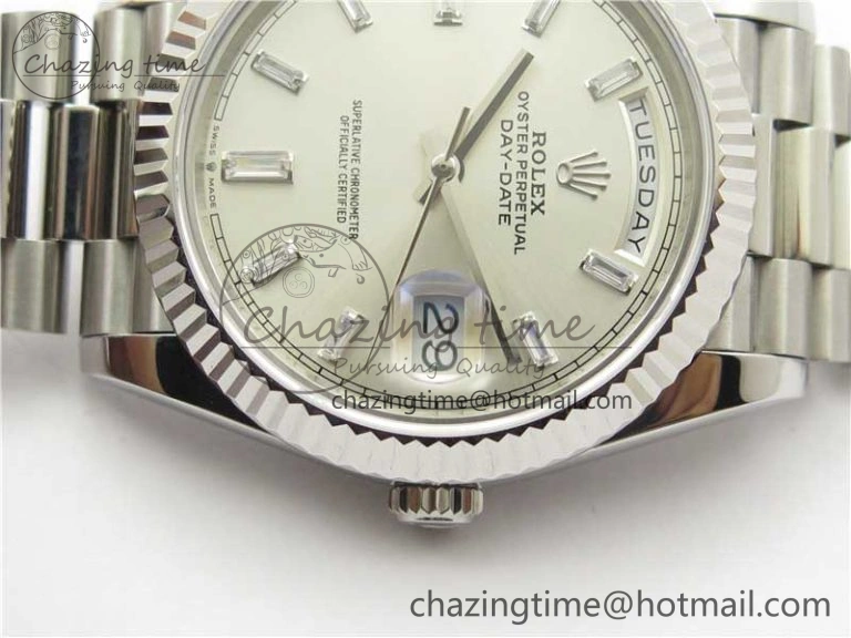 Day-Date 40mm 228239 BP New Dial Version 904 SS Silver T Crystal Markers Dial on SS President Bracelet A2836